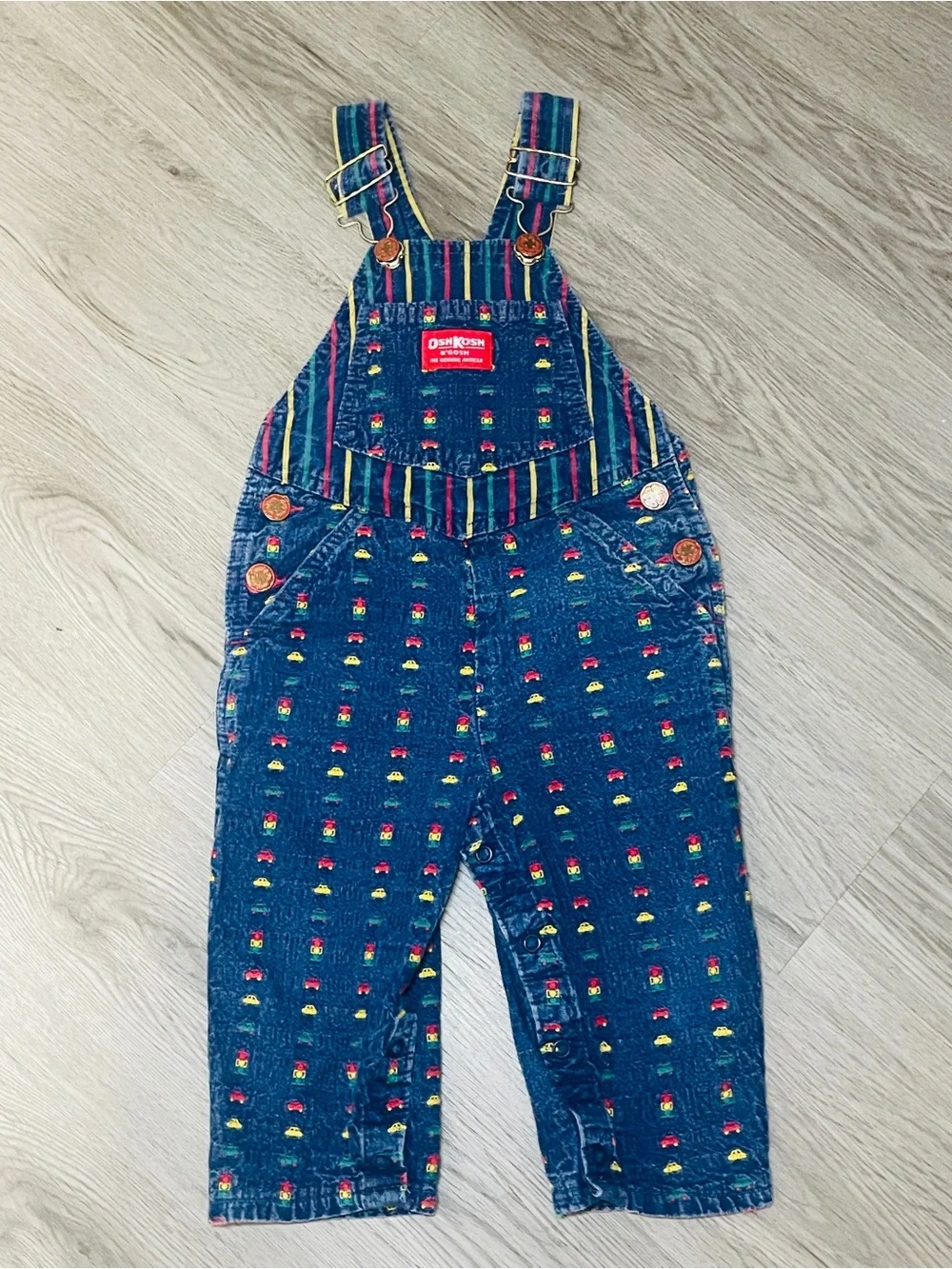 Vintage OshKosh B’gosh Colorful Novelty Print Overalls 2T Trucks Cars Stripes